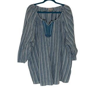 Catherines Embroidered Blouse Shirt Top Stripe Turquoise Metallic Silver 3X